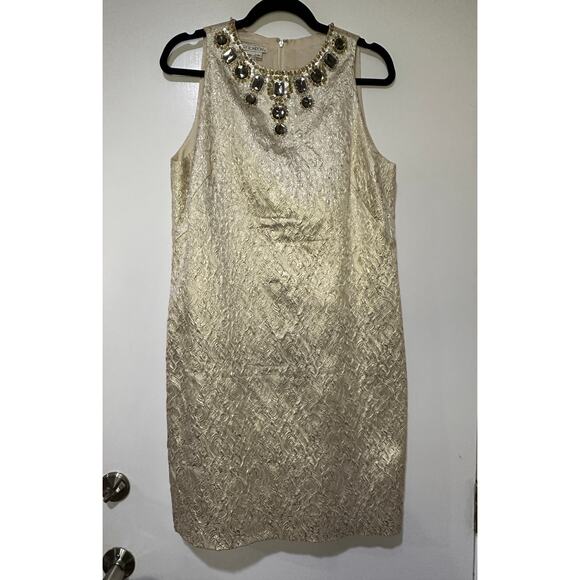 Maggy London Womens Gold & Cream Jacquard Weave Embellished Shift Dress Size 12 - Picture 1 of 5